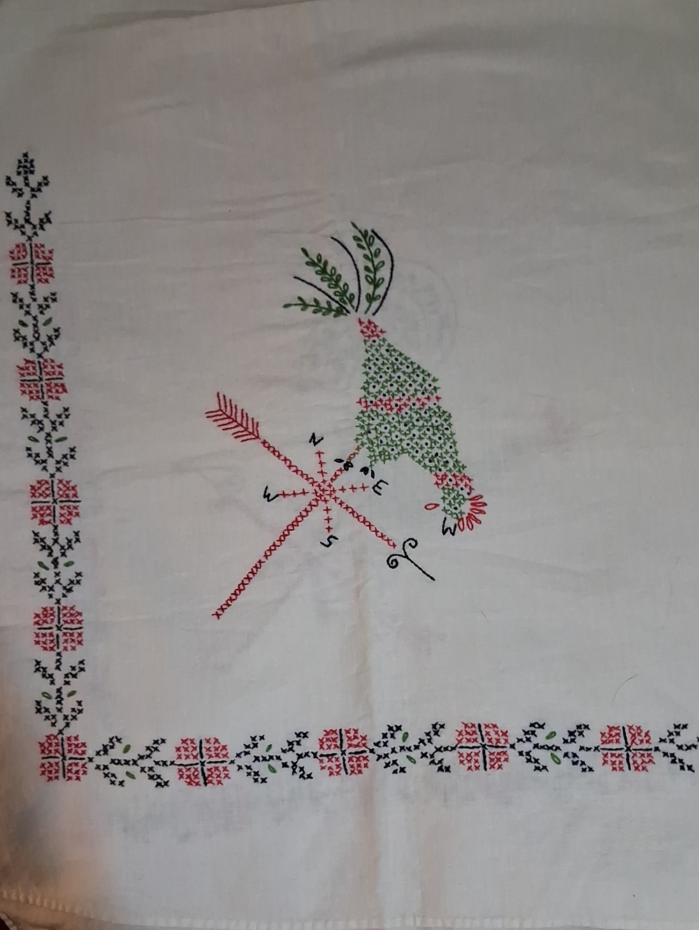 Embroidered Rooster Table Linen in Green, Red, Black